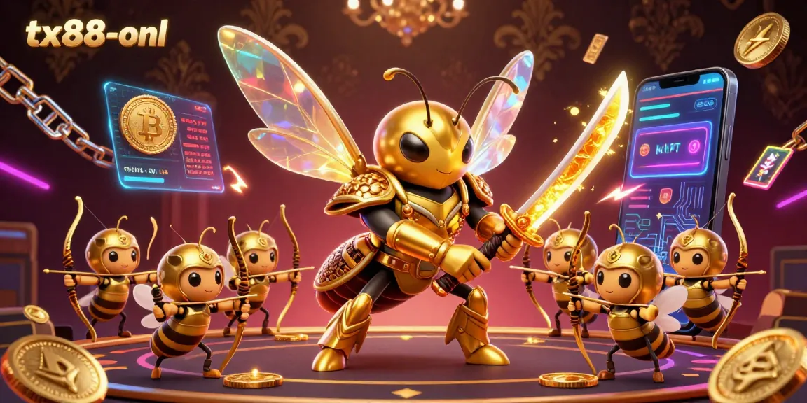 Win big with tx88-onl in a vibrant 3D digital casino scene featuring a samurai hornet and crypto elements.