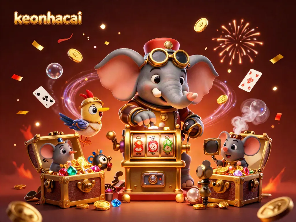 Experience the exciting world of keonhacai with vibrant 3D illustrations of a steampunk elephant engaging with slot machines and treasures.