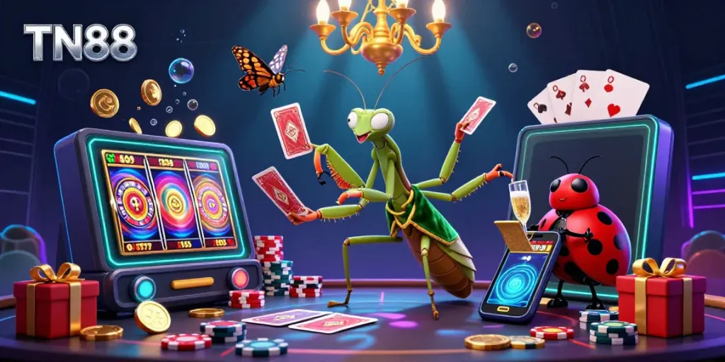 Experience the excitement of TN88 Casino with a vibrant scene featuring a giant mantis dealing cards and a ladybug pit boss.