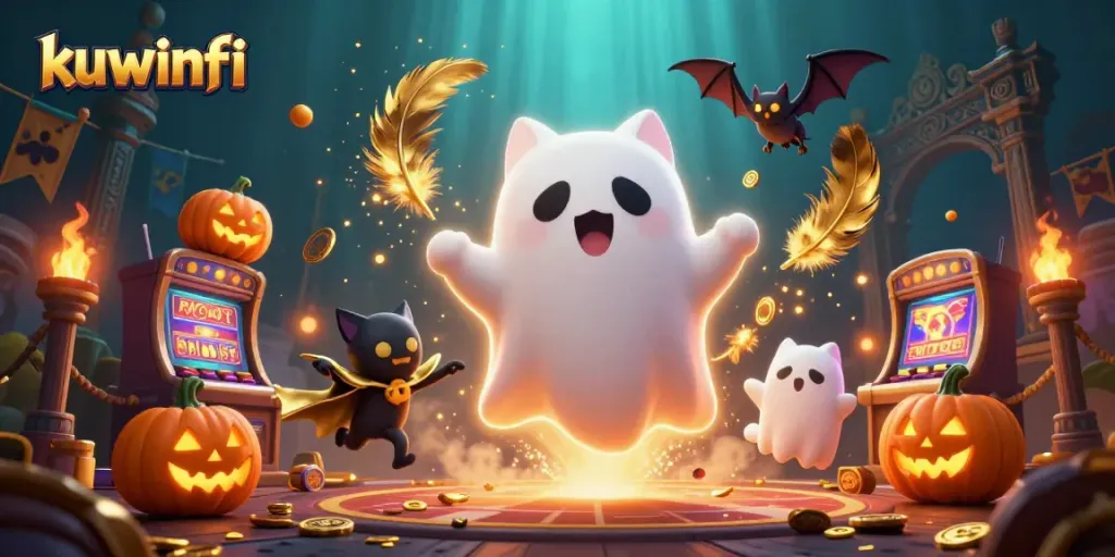 Kuwinfi entertains players with a vivid ghost cat casino scene filled with jackpots and spooky elements.