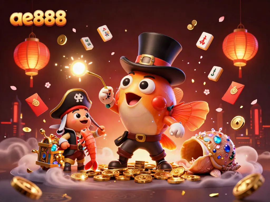 Engage with ae888 through a vibrant 3D cartoon scene featuring unique casino characters and elements.