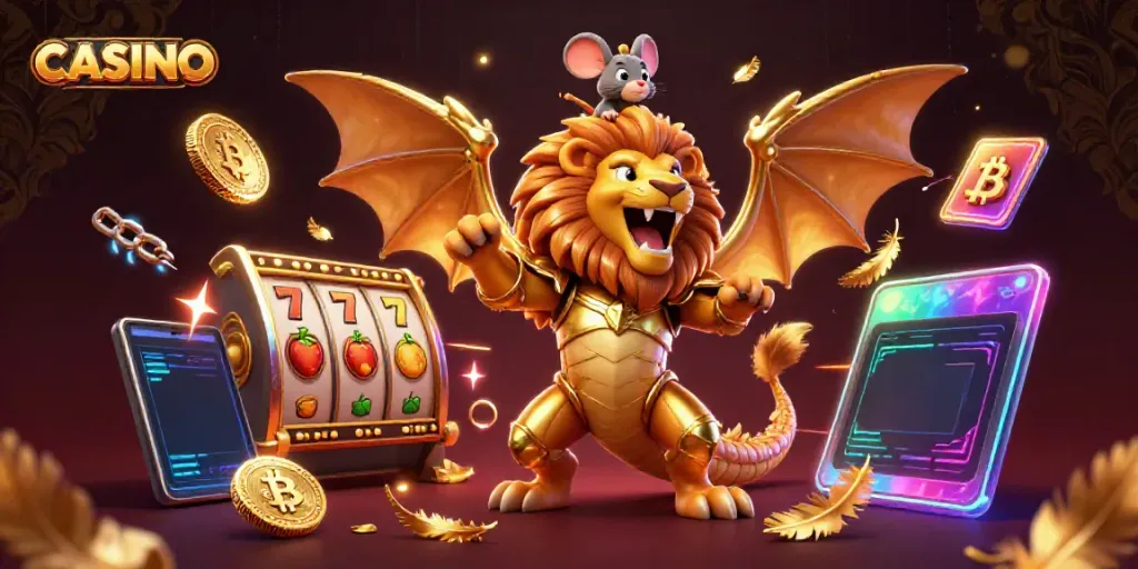Experience the vibrant action of CASINO games with a roaring chimera and dynamic gaming elements.