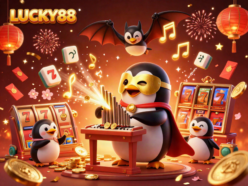 Experience the excitement of LUCKY88 with golden coins, acrobatic characters, and vibrant casino elements.