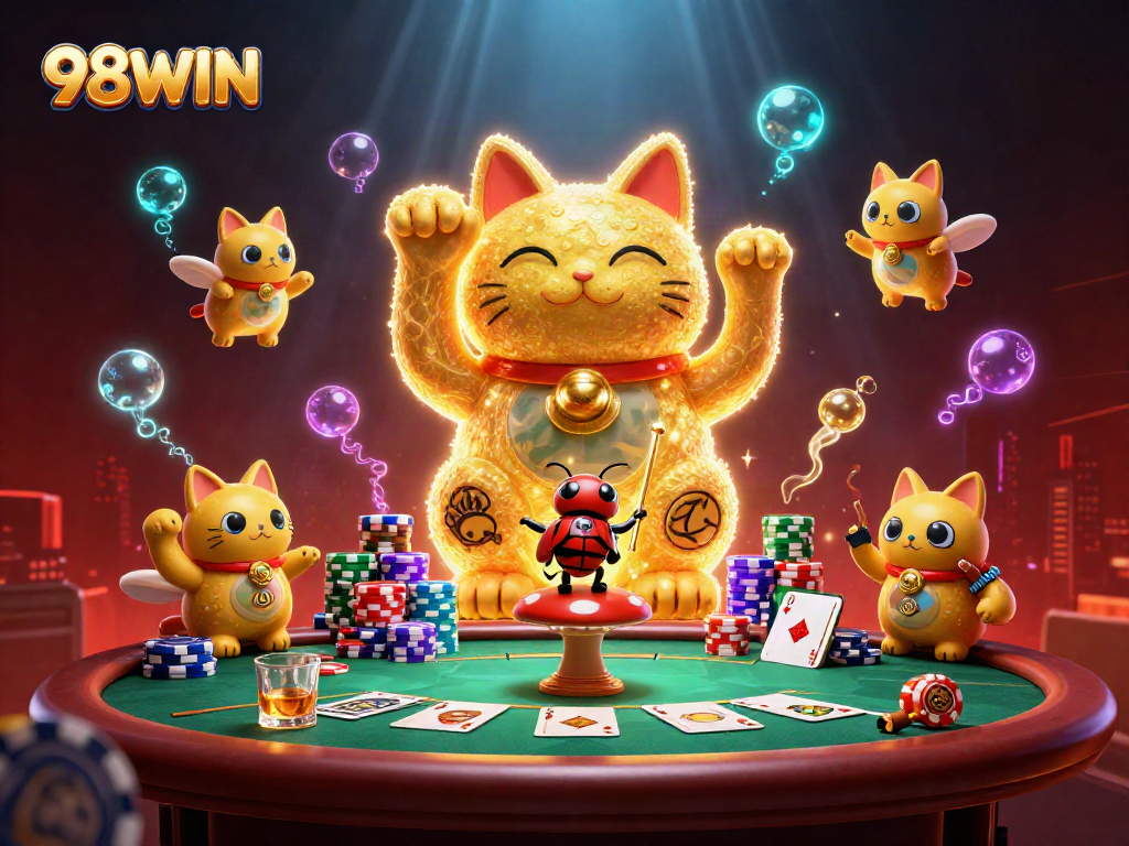Engage with the vibrant casino world of 98WIN, featuring a golden lucky cat and dynamic poker elements.