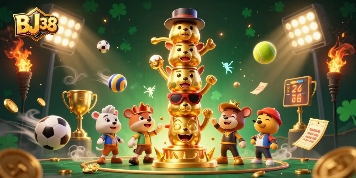 Experience the excitement of BJ38 with a vibrant 3D casino-inspired scene, featuring sports betting elements.