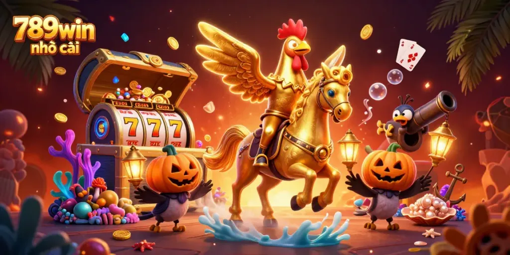 Engage with the vibrant world of 789win nhà cái as a golden rooster explores a lively casino scene.