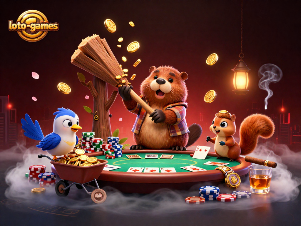 Loto-games features a vibrant 3D scene with a lumberjack beaver, bird, and squirrel showcasing poker elements in a whimsical, gold-coin rain.