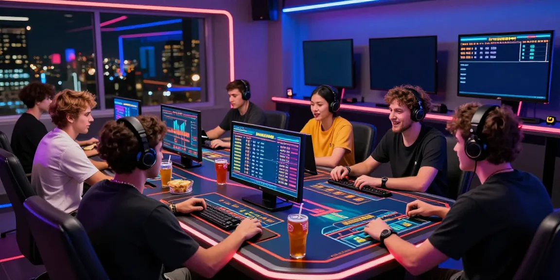 A lively Bandar Togel online gaming scene with diverse players at a modern gaming table surrounded by neon accents and real-time data displays.