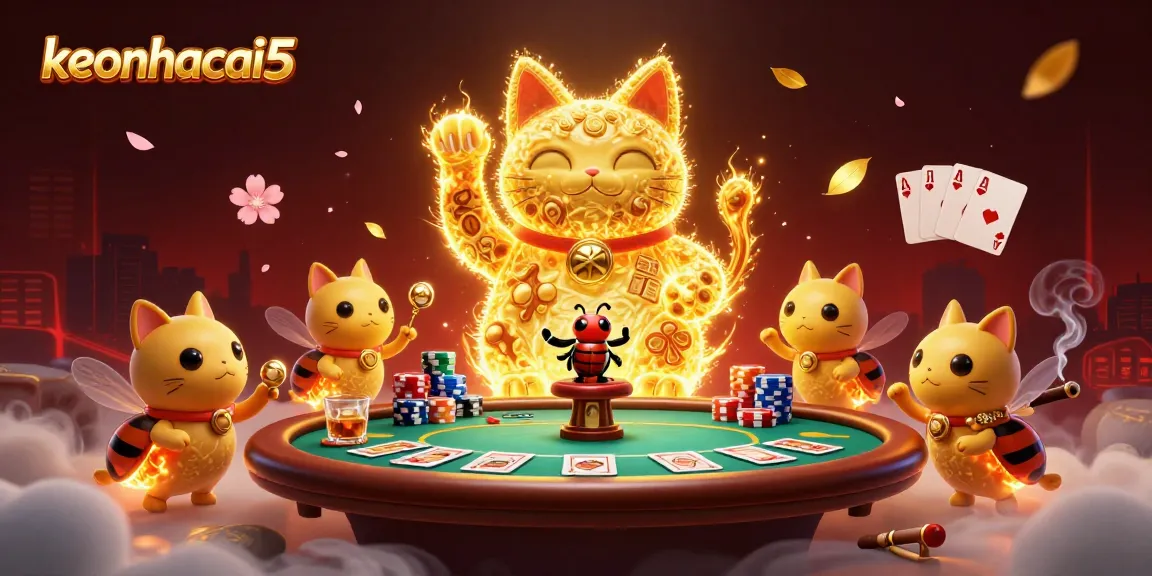 Experience keonhacai5 with a vibrant illustration of a rich casino scene featuring poker elements.