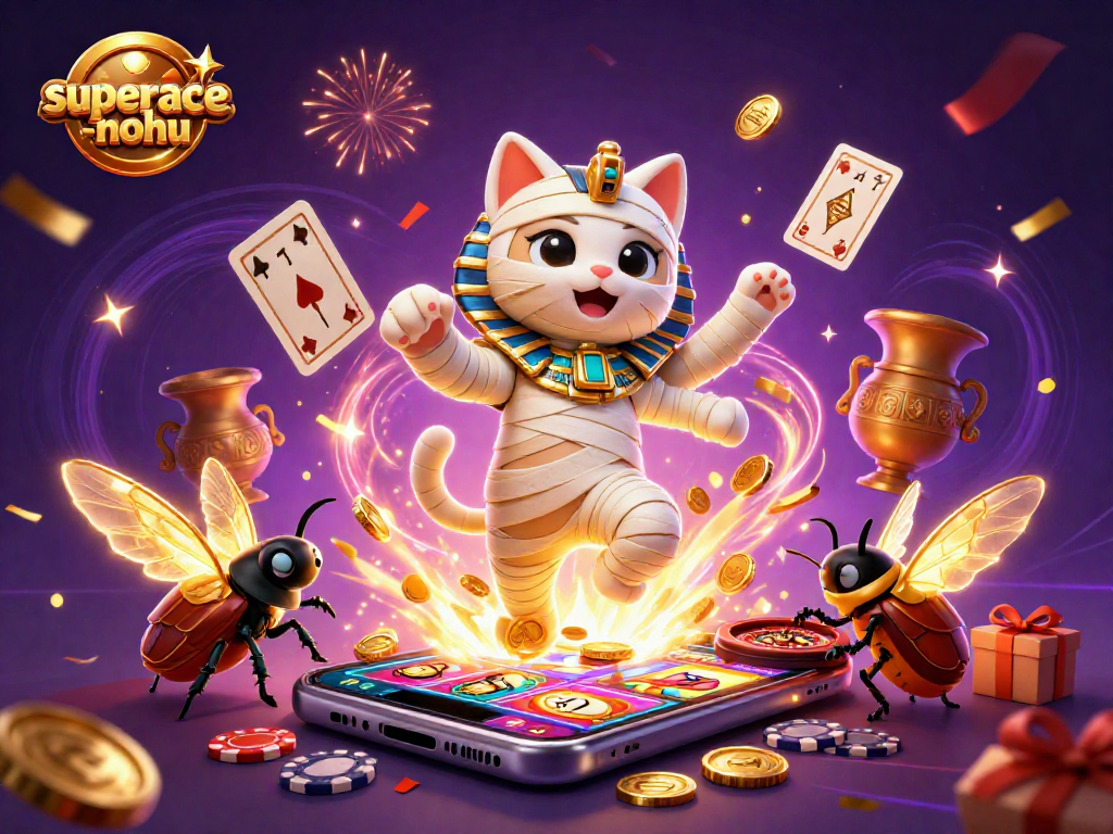 Experience the excitement of superace-nohu with a dynamic scene featuring a mummy cat and casino elements.