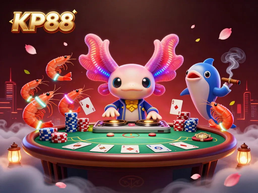 Experience vibrant KP88 casino action with a neon axolotl DJ and lively underwater characters.
