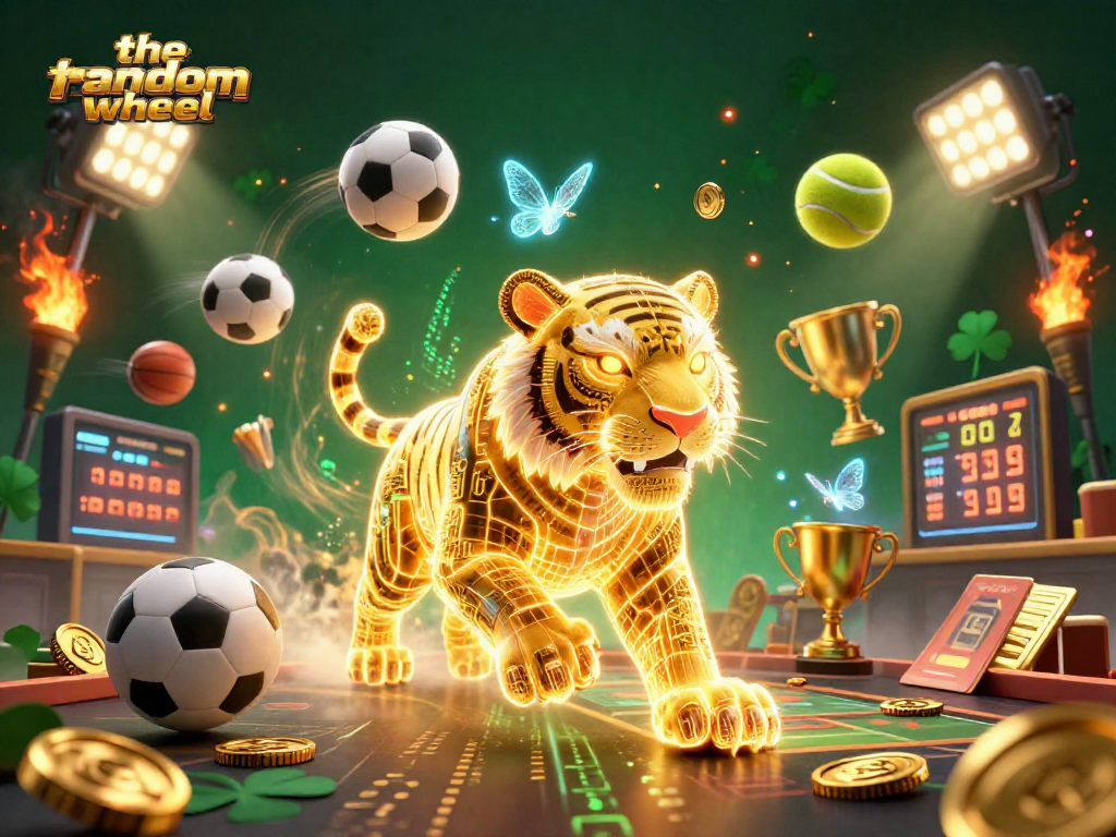 The-random-wheel showcases a vibrant 3D casino scene with a neon tiger and dynamic sports elements.