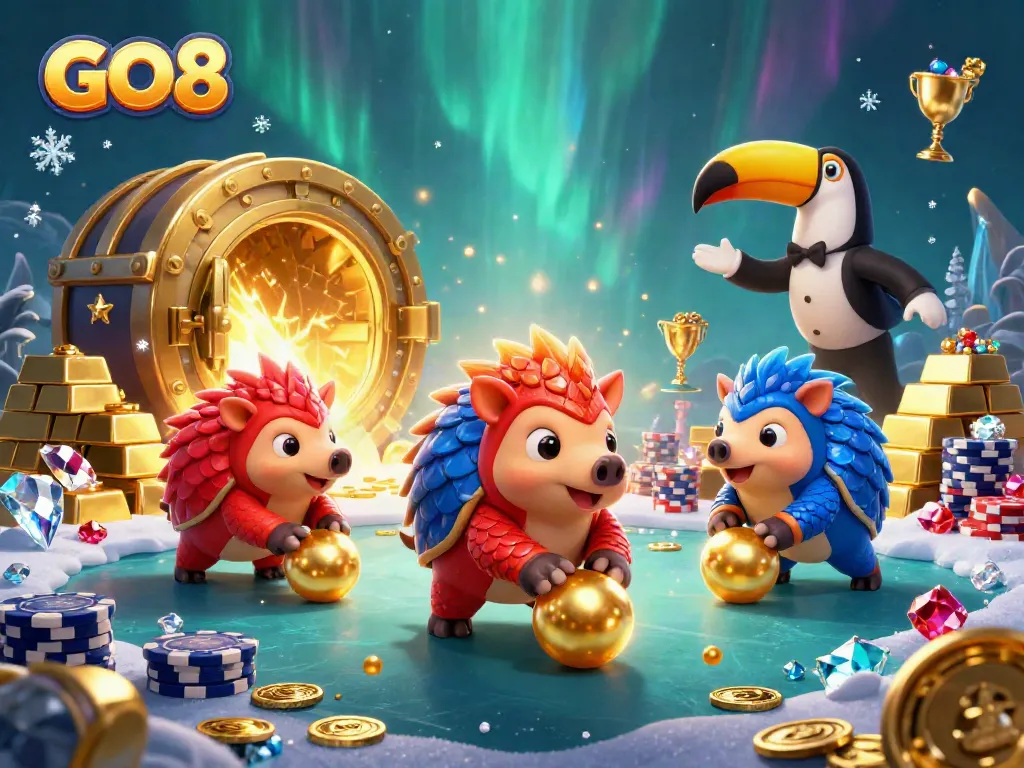 Engage in thrilling GO8 gameplay as rival pangolins compete with treasures in a colorful casino setting.