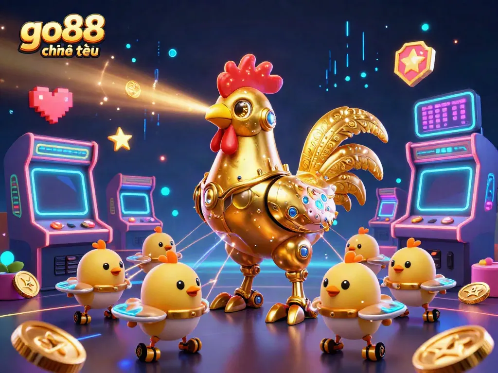 Engage with the vibrant universe of go88 chính thức, featuring 3D characters celebrating gaming within an arcade-themed casino.