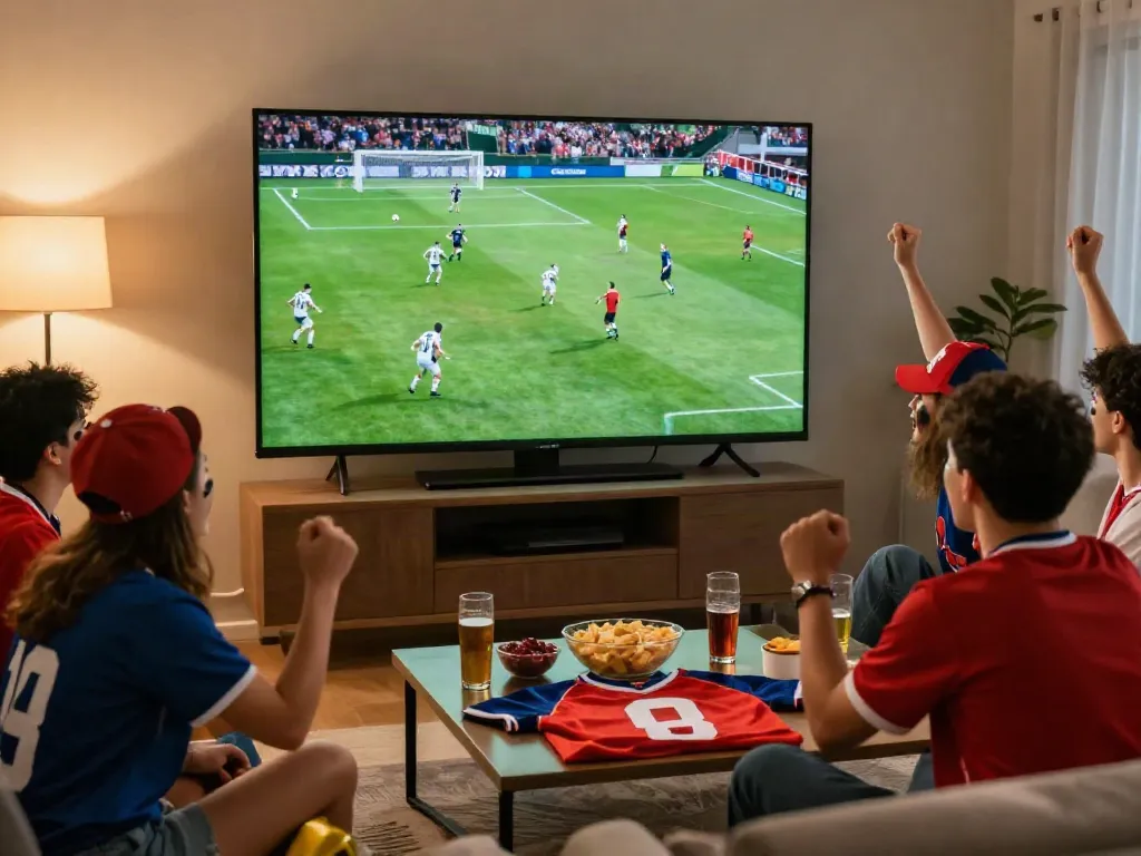 Excited friends enjoying a live Gavangtv football match in a cozy living room.