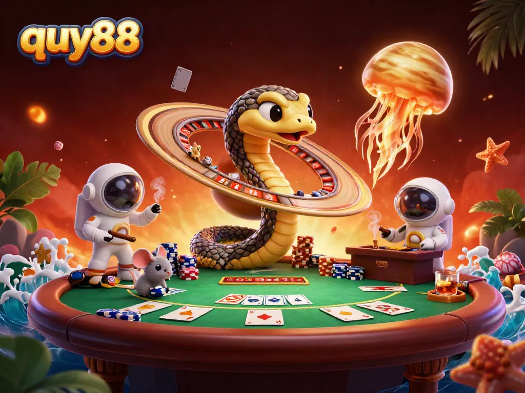 Quy88 gaming fun with a Saturn ring snake as a roulette wheel and astronaut mice making bets.
