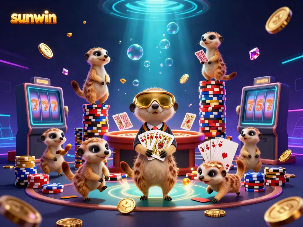 Engage in thrilling gaming excitement at Sunwin's vibrant casino with colorful meerkats and dynamic gambling elements.