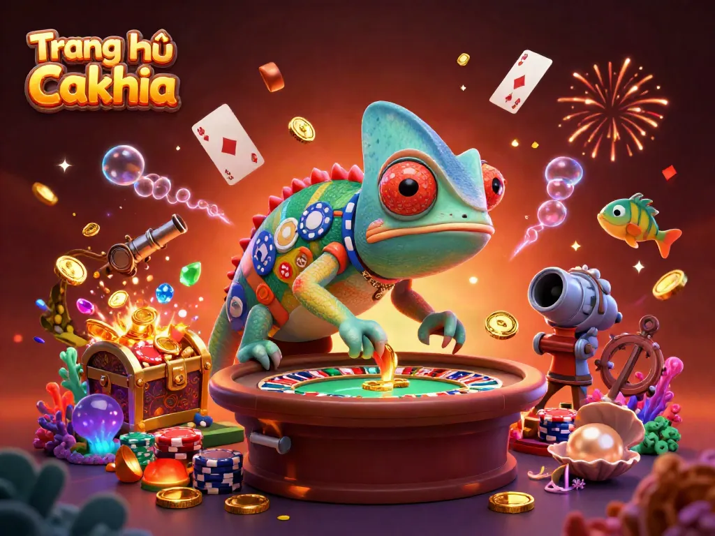 Engage with exciting games on Trang chủ Cakhia, featuring a colorful chameleon and casino elements.
