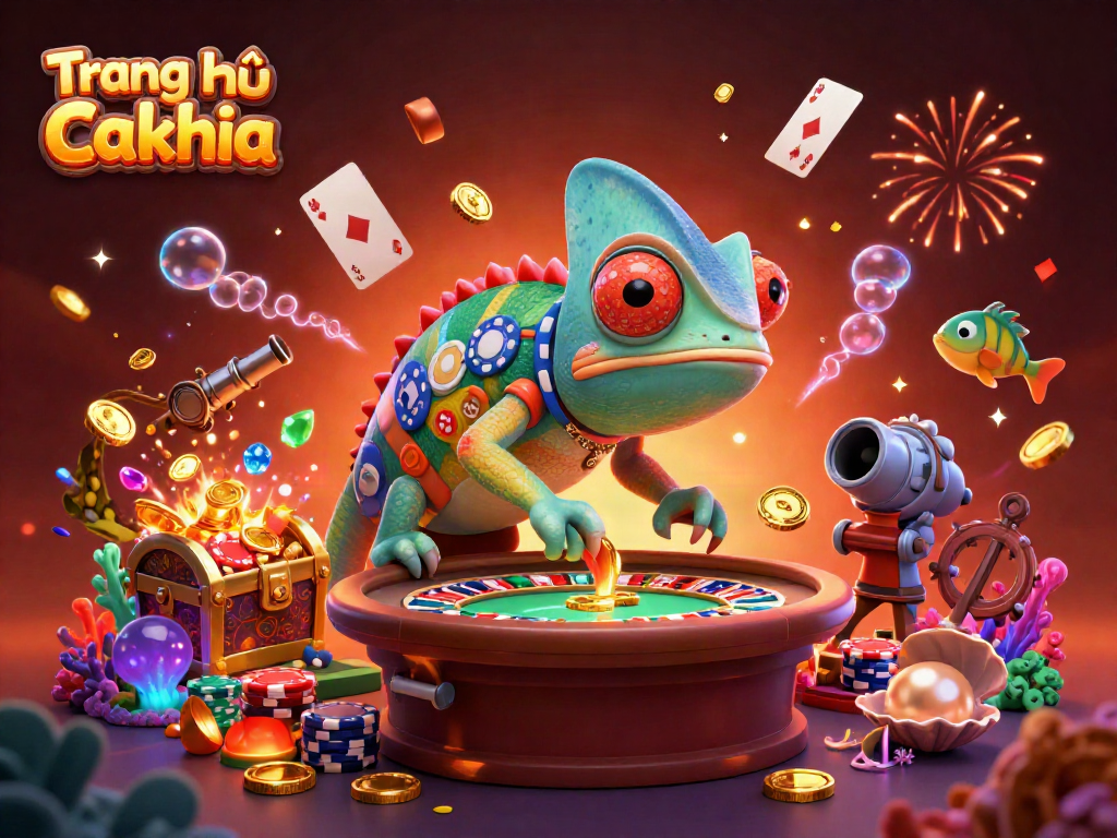 Engage with exciting games on Trang chủ Cakhia, featuring a colorful chameleon and casino elements.