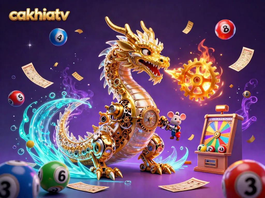 Experience intense excitement with Cakhiatv as a golden dragon breathes golden gears and lottery balls scatter around.