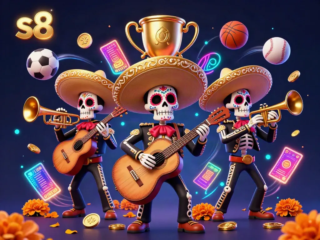 Experience excitement at s8 casino with a vibrant mariachi band amidst sports-themed gaming elements.