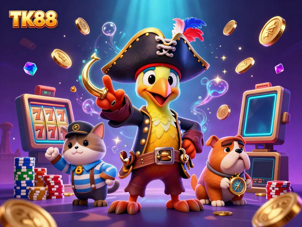 Experience exciting gaming at TK88 with pirate adventures, slot machines, and colorful chips.