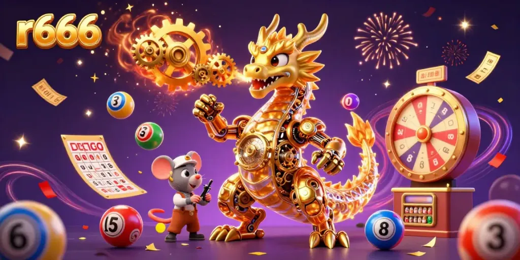 Engage in thrilling gaming at r666 featuring a dynamic golden dragon and casino elements.