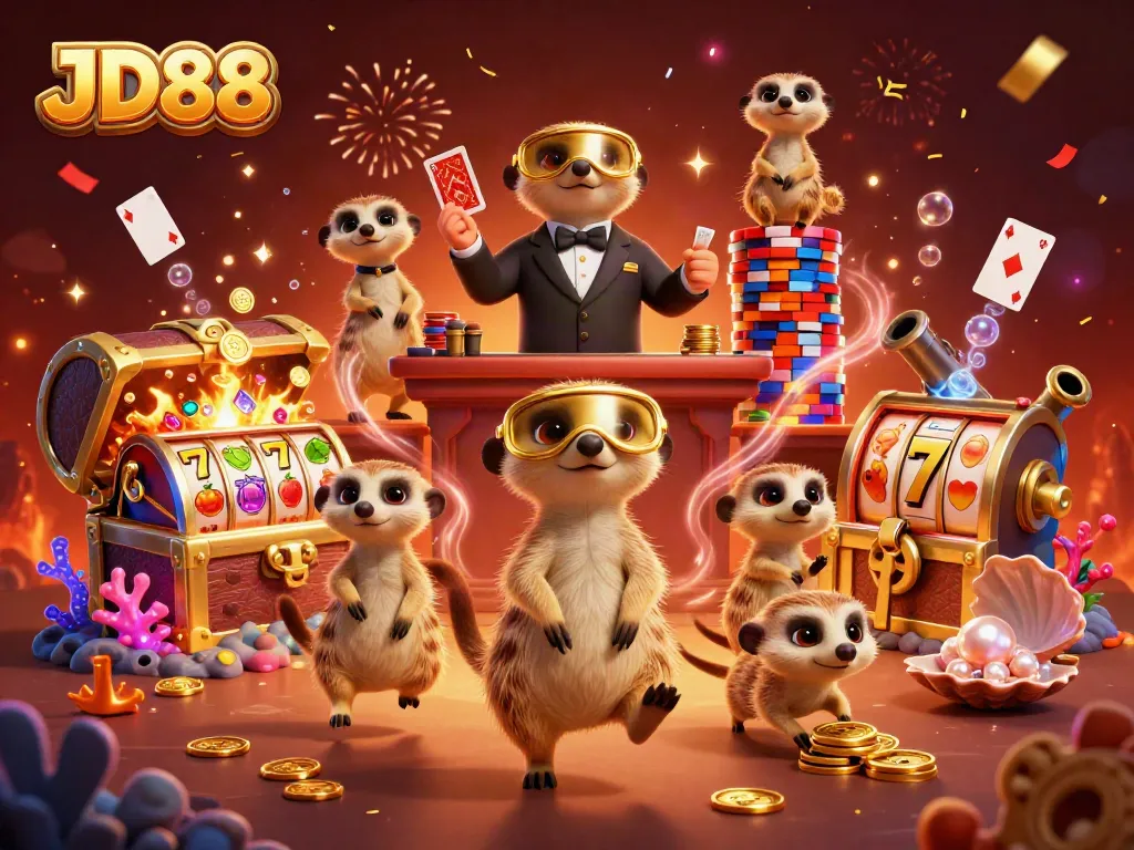 Experience the excitement of JD88 with meerkats in a vibrant casino scene filled with treasures and games.