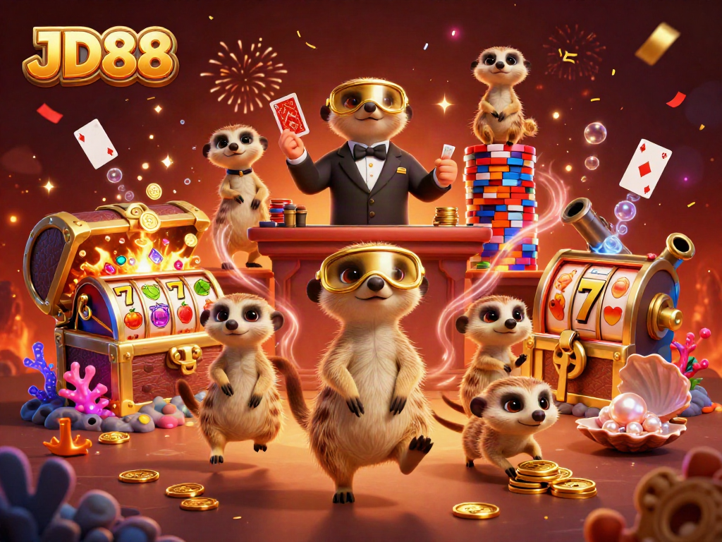 Experience the excitement of JD88 with meerkats in a vibrant casino scene filled with treasures and games.