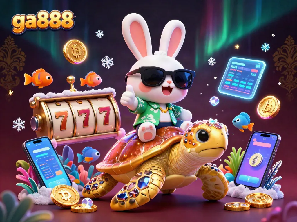 Experience the excitement of ga888 with this vibrant 3D casino illustration showcasing lucky symbols and crypto elements.