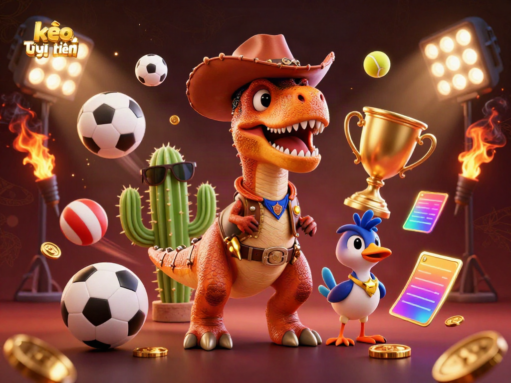 Experience thrilling kèo trực tuyến action with a vibrant 3D illustration of gambling characters and sports elements.