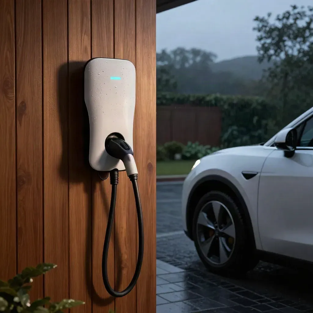 Wall-mounted EV charger glowing beside a driveway wall, cable docked, car edge softly blurred.