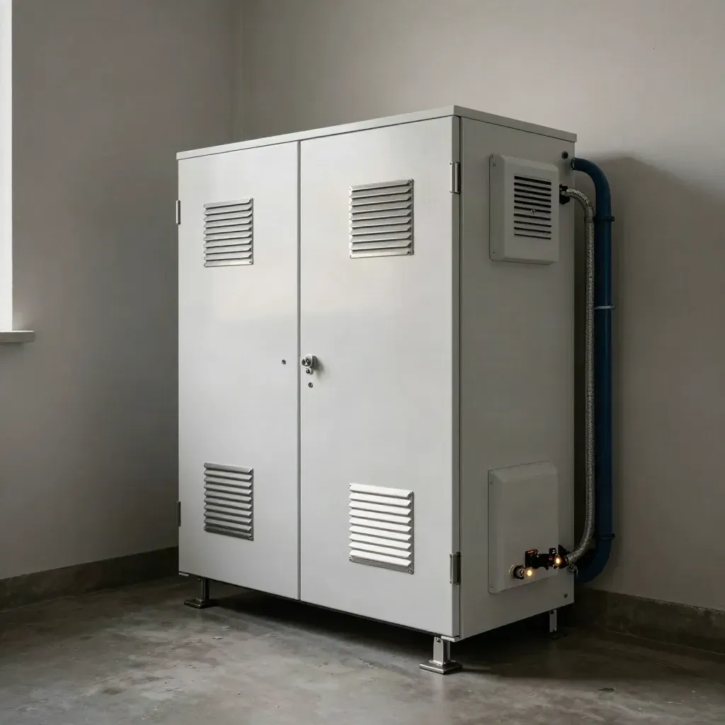 Battery storage cabinet and inverter in a utility-room corner, softly glowing and neatly installed.