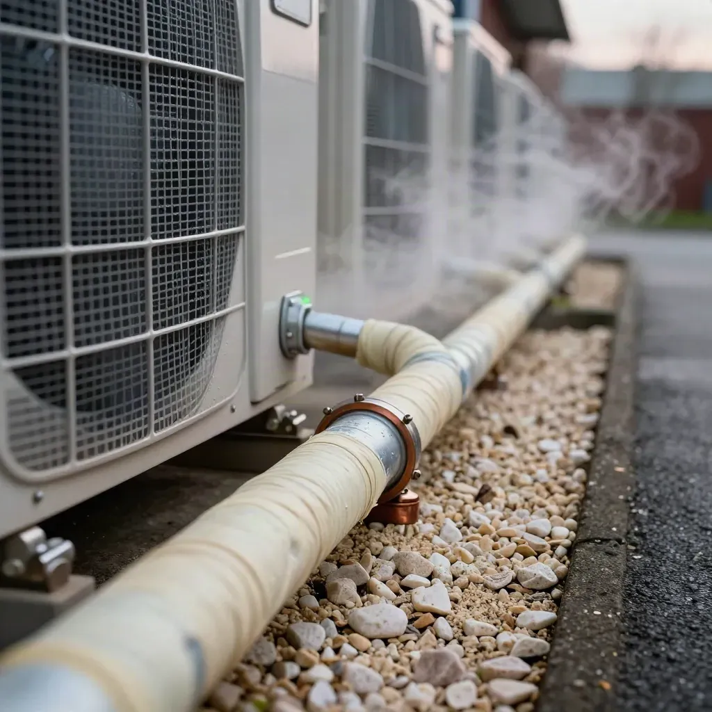 Heat pump condenser with steam, insulated pipes and gravel in a side return