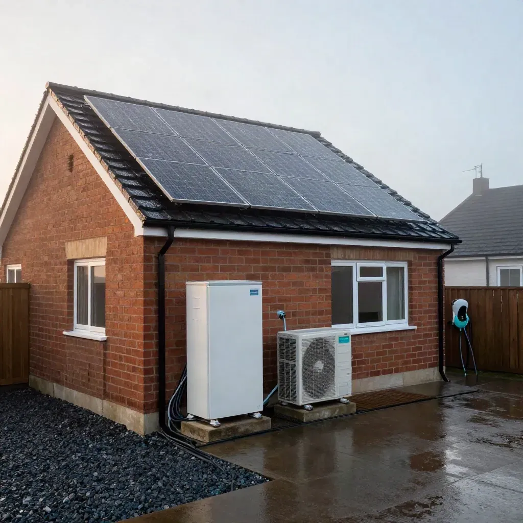 UK home retrofit at dawn with solar roof, battery, heat pump and EV charger on wet pavers.