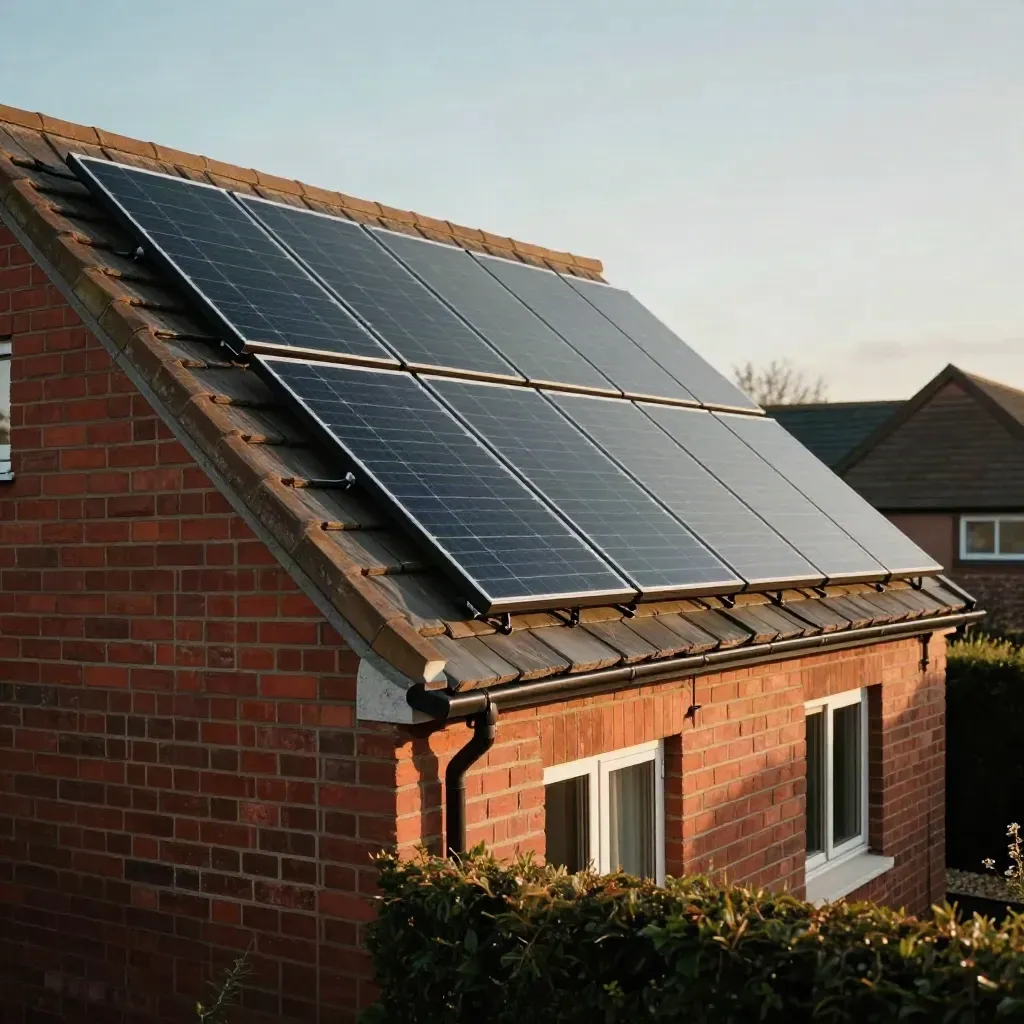 Solar panels on a red-brick terraced house roof in warm morning light with garden foreground.