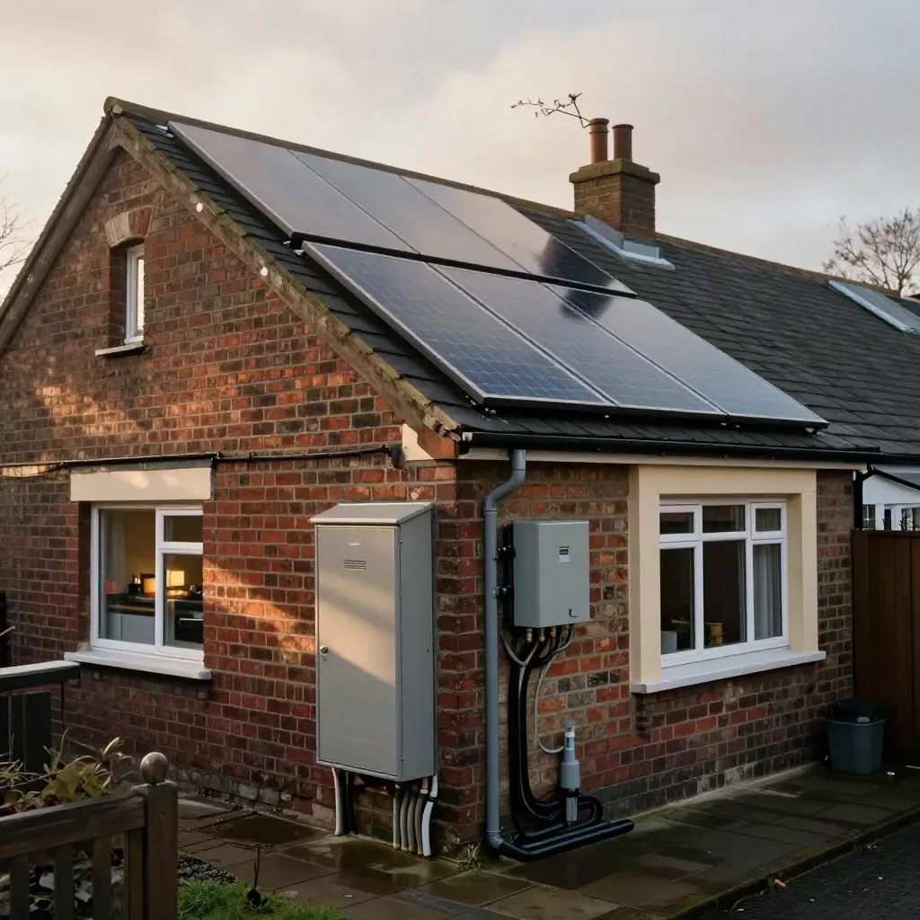 South London brick terrace with roof solar panels and a compact battery cabinet in a misty rear garden.