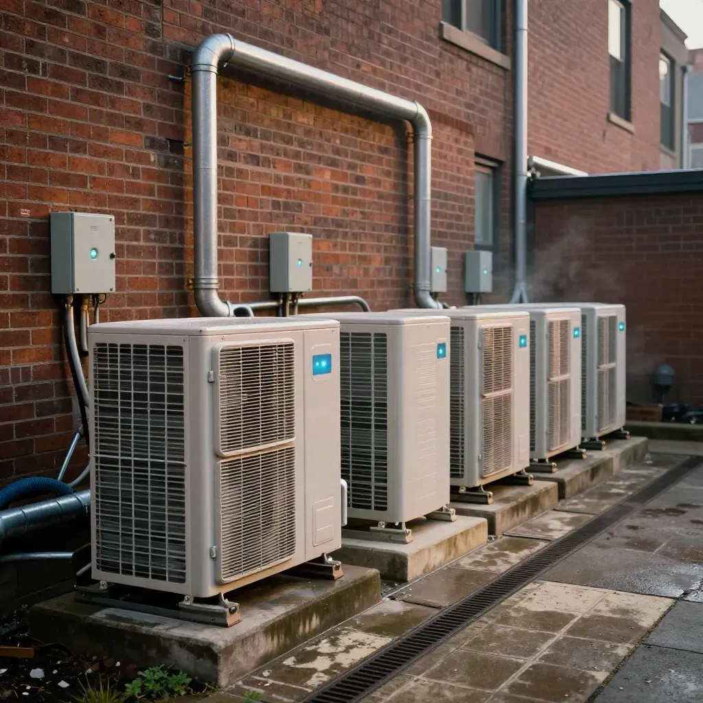 Five heat pumps lined in a Birmingham rear yard beside brickwork and new controls.