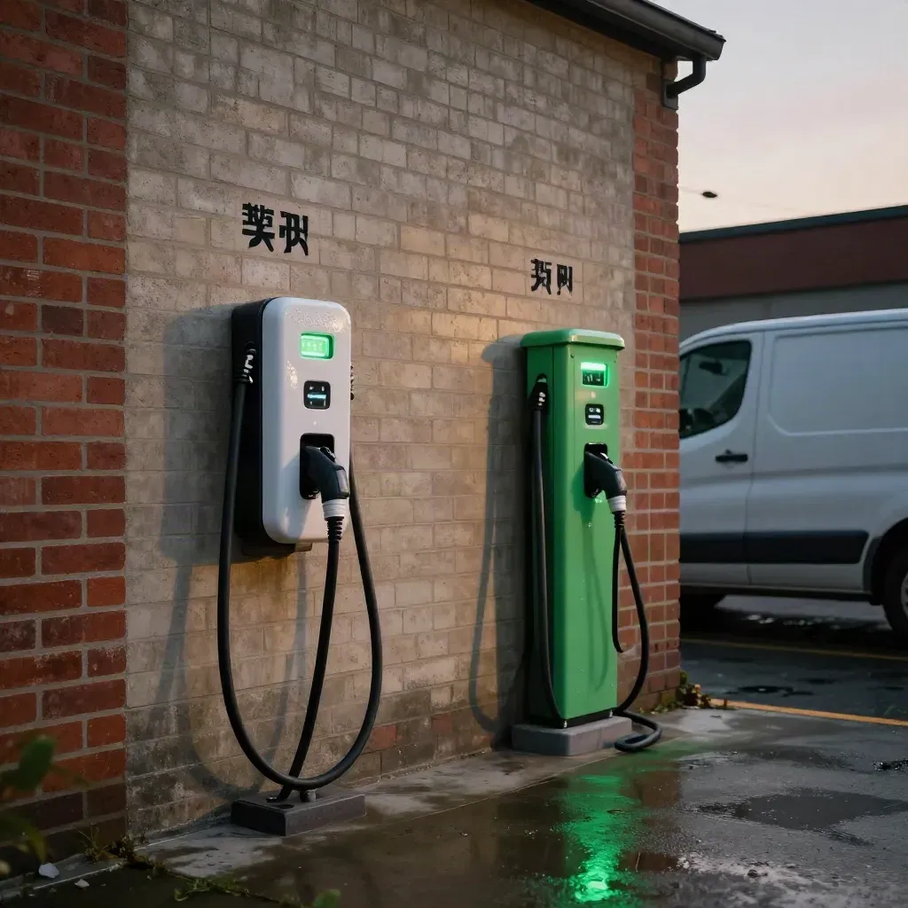 Glowing wall-mounted EV chargers beside wet bay markings and a van in a Kent workshop yard.