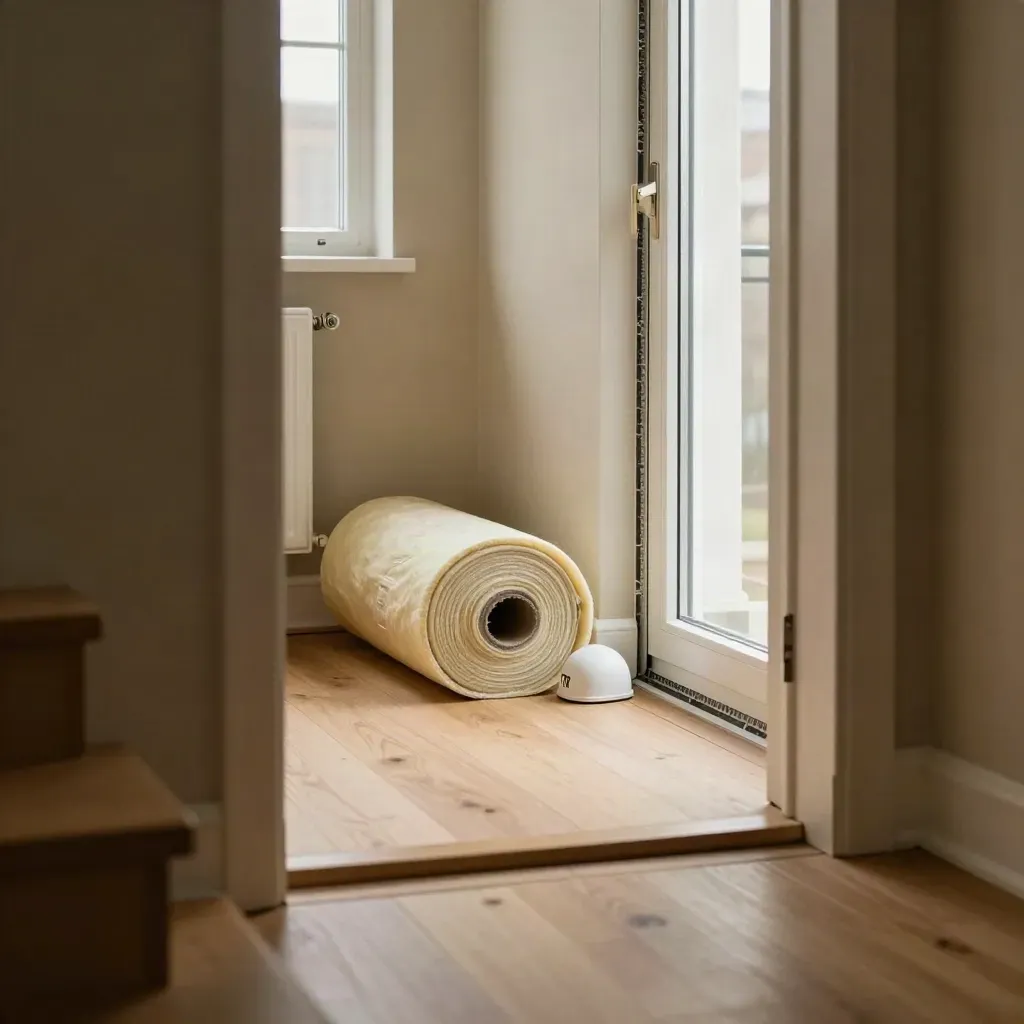 Hallway threshold with draught seals, loft insulation, radiator valve and sealed window edge