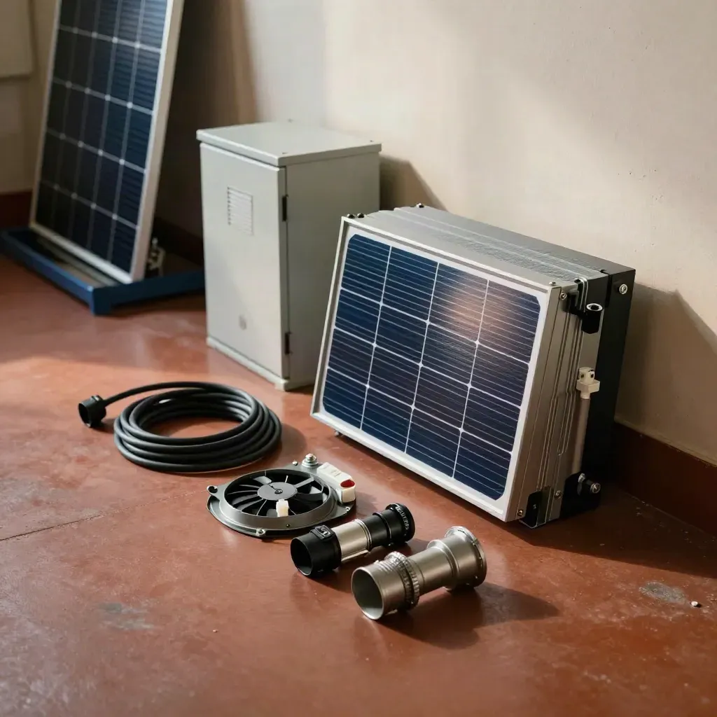 Open solar panel with service parts beside battery gear in a warm utility space.