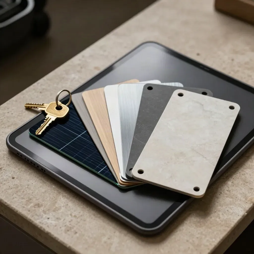 Face-down tablet, house keys and energy material swatches on a stone surface