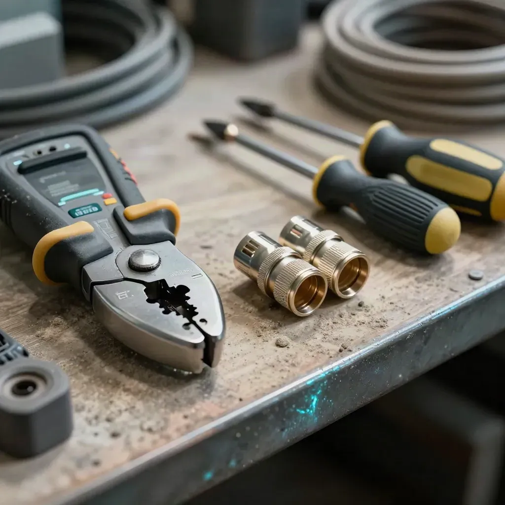 Clamp meter, crimping pliers and MC4 connectors on a dusty electrical workbench.