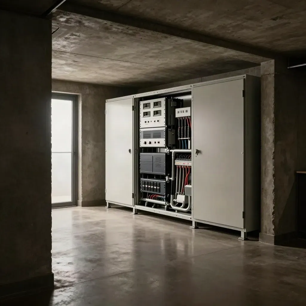 Commissioned Surrey office plant room with battery storage, inverter stack and control gear