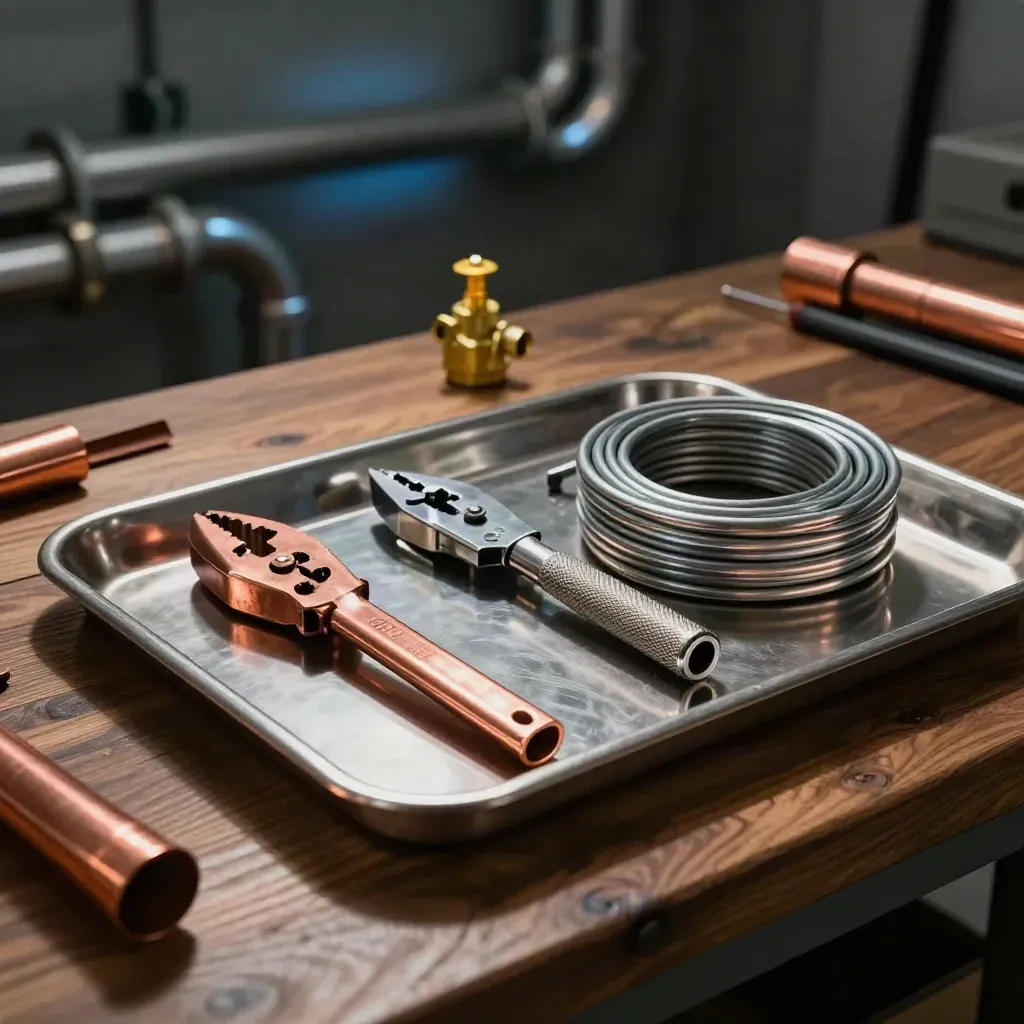 Copper pipe bender, flaring tool, lagging and valve cap on a stainless tray in a plant room