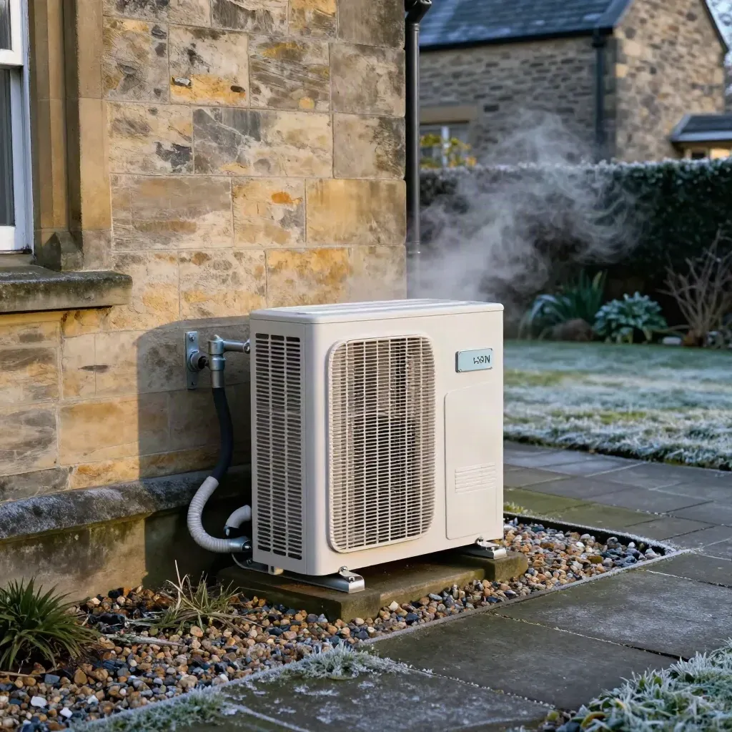 Heat pump beside a Leeds stone house on a frosty morning, steam rising from the running unit.