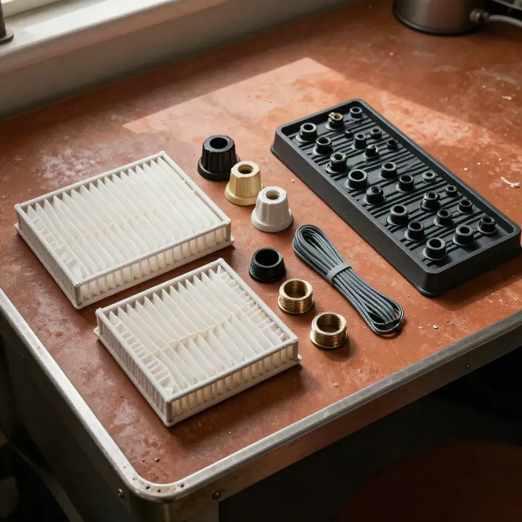 Top-down spares kit with filters, fuses, connector caps and cable glands on a terracotta bench.