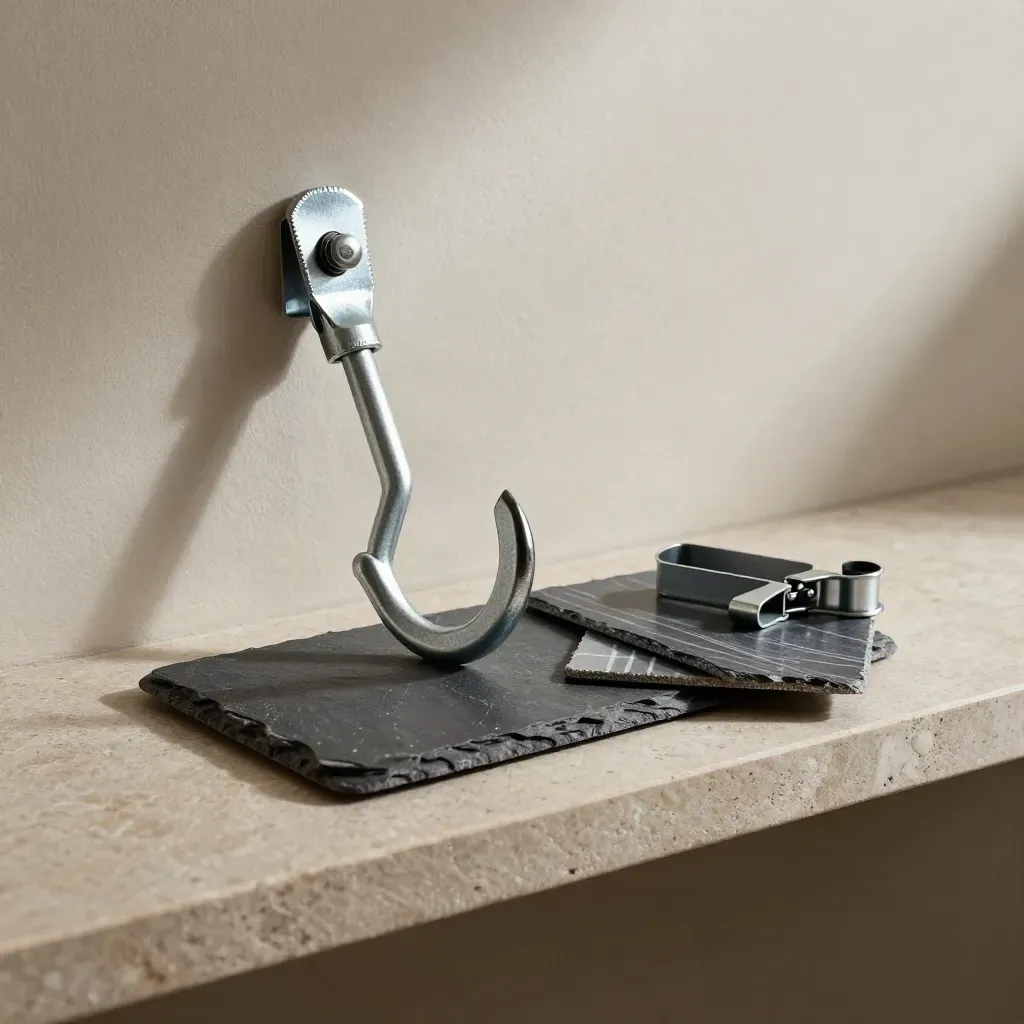 Roof hook with slate tile sample and clamps on a stone shelf