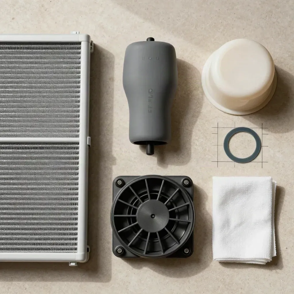 Top-down aftercare kit with mesh, grille, dust cover and maintenance cap on pale stone.