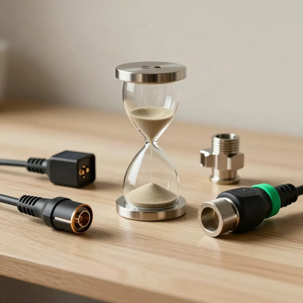 Hourglass beside solar connector, pipe fitting and EV plug on pale oak.